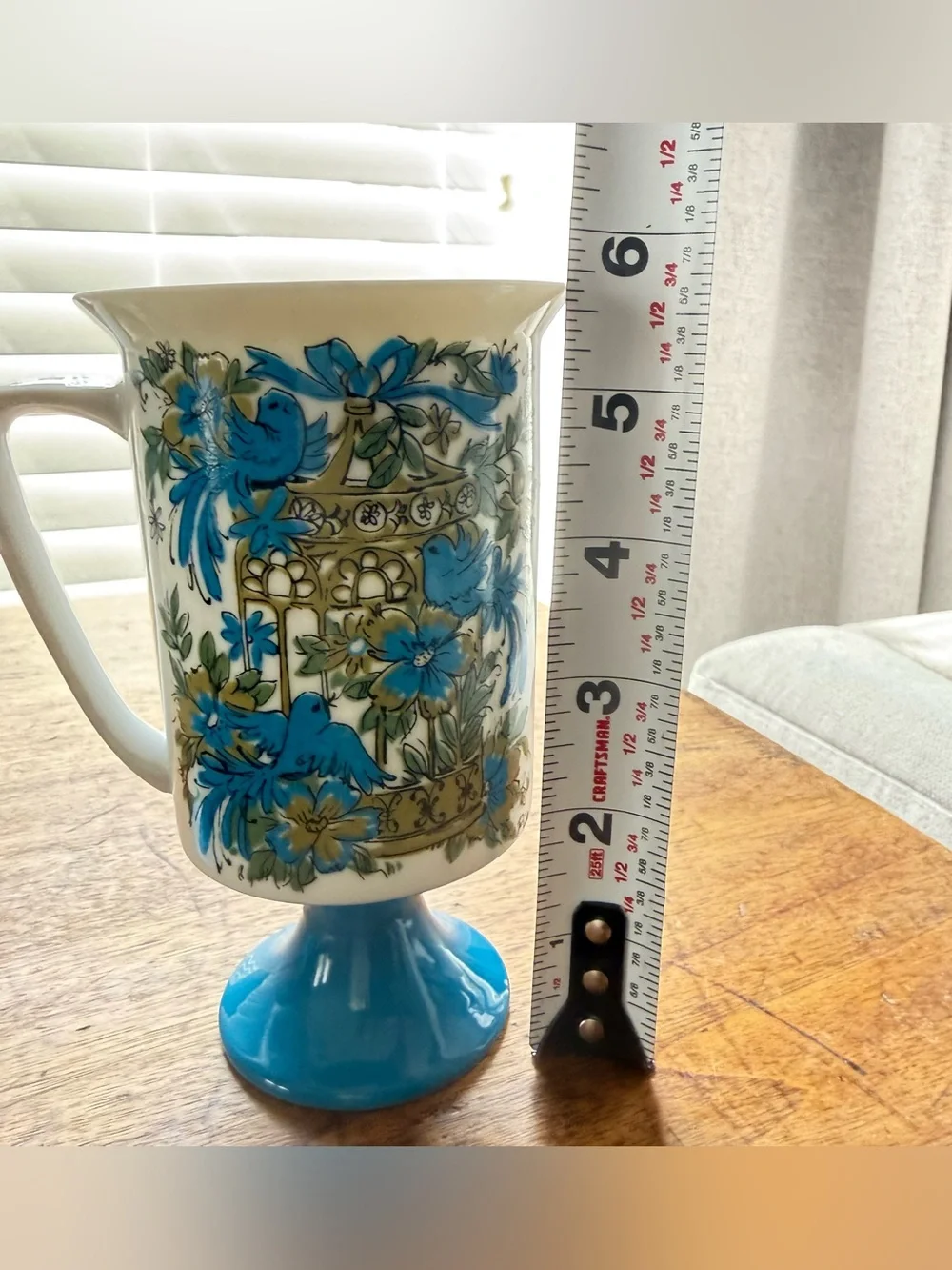 Vintage Arnart 5th Ave Birds Cage Pedestal Mugs Set of 2 Footed Blue Mid Century